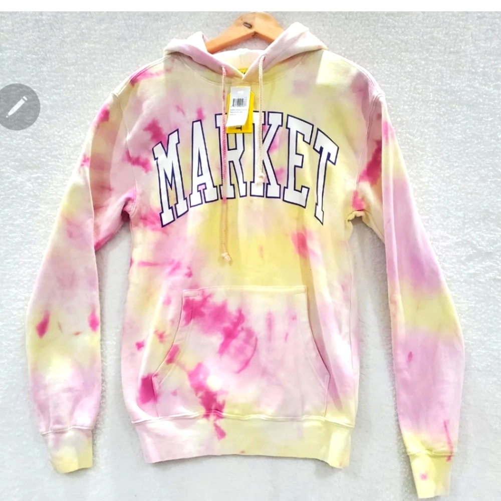 Market Unisex Adult Small Hoodie Border Tye Die Pink Yellow.
